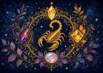 Scorpio birthstone symbol, a golden scorpion encircled by four faceted gemstones within vine linework against a starry indigo sky.