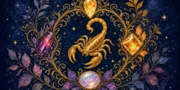 Scorpio birthstone symbol, a golden scorpion encircled by four faceted gemstones within vine linework against a starry indigo sky.