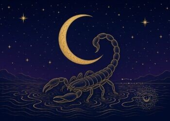 Psychological facts about Scorpio woman, a golden scorpion beneath a crescent moon in sacred-geometry linework.