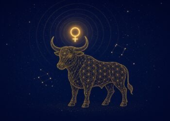 Psychological facts about Taurus woman, a golden bull under the symbol of Venus in sacred-geometry linework.
