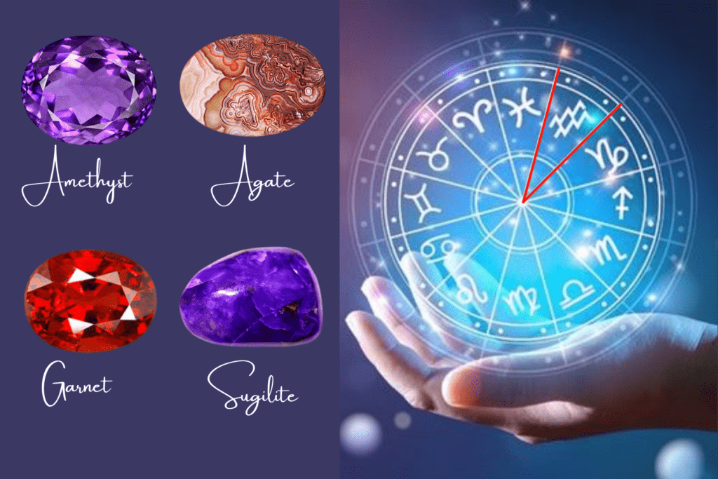 Aquarius gemstones - Amethyst, Agate, Garnet, Sugilite