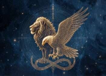 Leo spirit animal, a golden lion and eagle in sacred-geometry linework against a starry indigo sky.