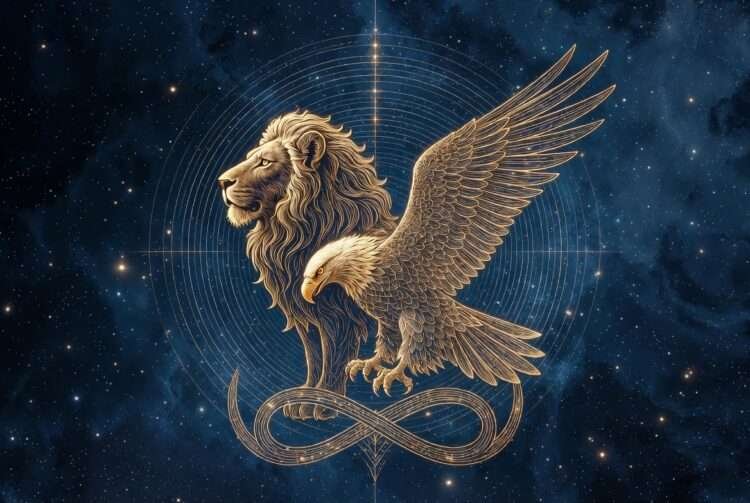 Leo spirit animal, a golden lion and eagle in sacred-geometry linework against a starry indigo sky.