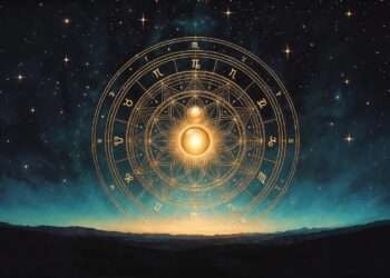 A golden celestial mandala with the zodiac at its edge and two aligned orbs radiating light at its center, representing the exact Saturn-Neptune conjunction anchoring the 2026 astrology forecast.