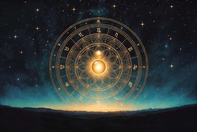 A golden celestial mandala with the zodiac at its edge and two aligned orbs radiating light at its center, representing the exact Saturn-Neptune conjunction anchoring the 2026 astrology forecast.