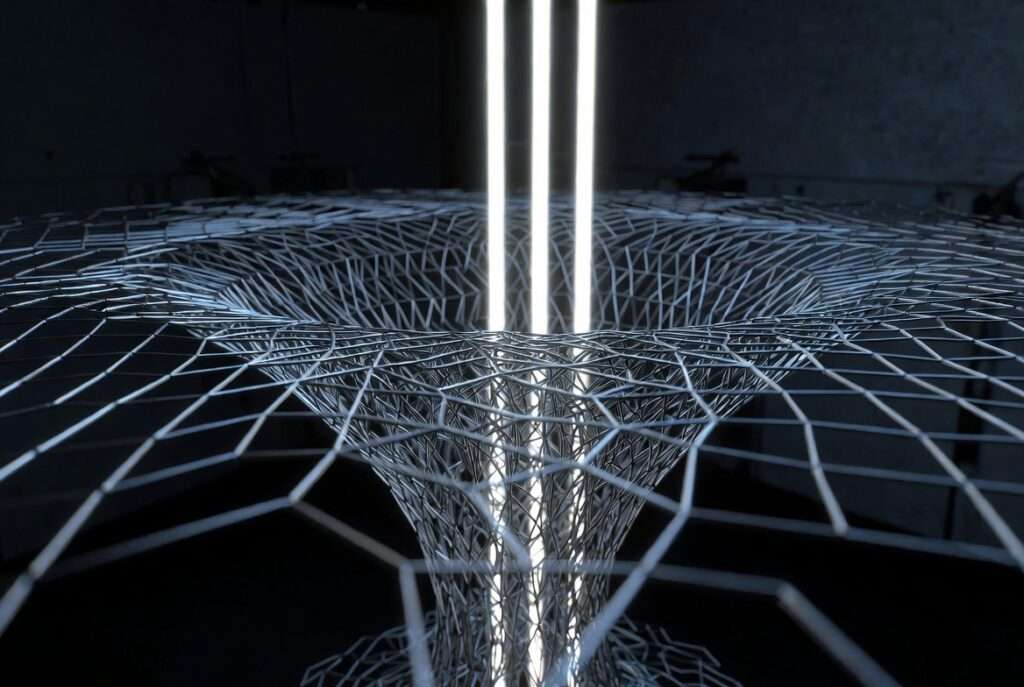 Cinematic macro close-up of a complex geometric wire mesh functioning as a visual filter, illustrating how the human Reticular Activating System selects sensory data like numerical sequences.