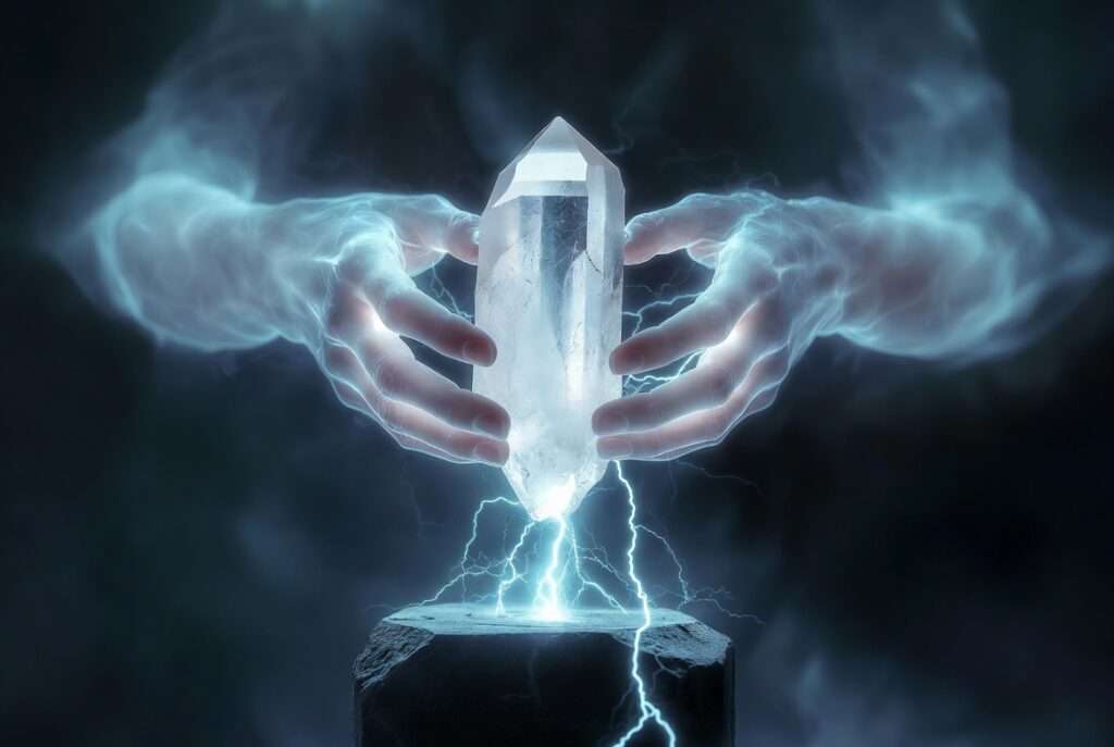 Glowing, ethereal hands gently holding a raw quartz crystal that funnels bright electrical energy down into a dark stone pedestal, symbolizing the stabilizing power of Master Number 33
