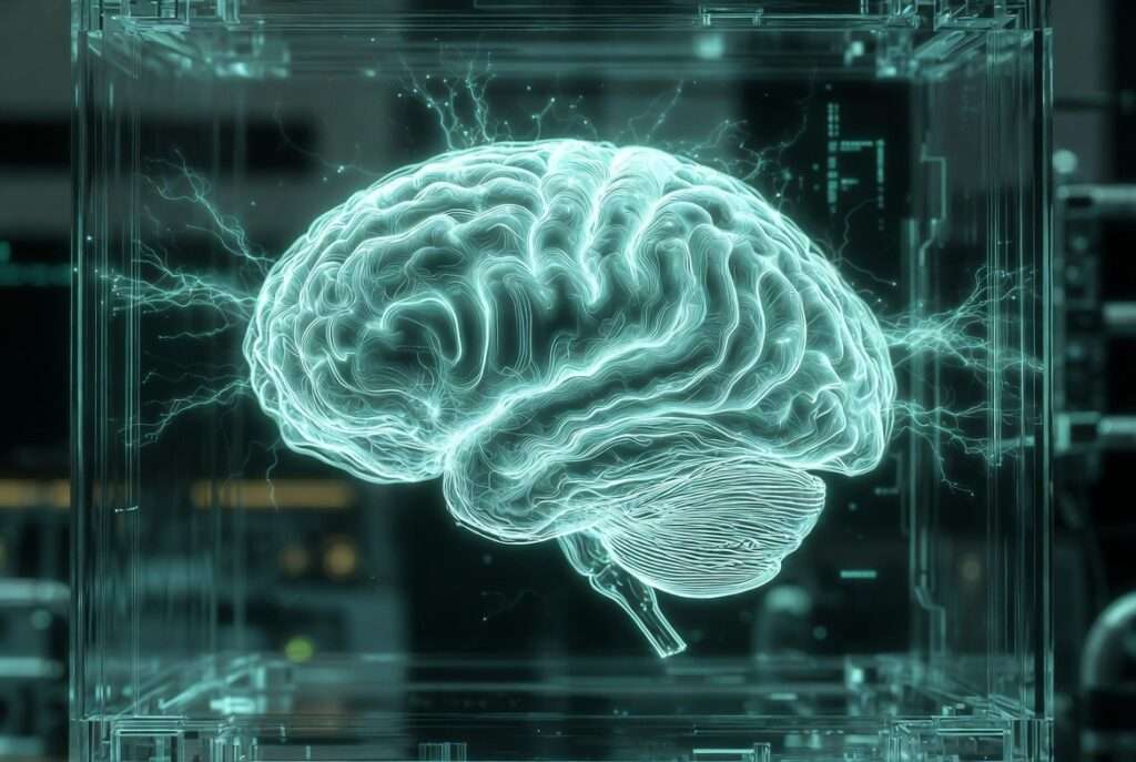 A conceptual human brain composed of glowing fiber-optic light threads in a glass containment unit, representing the high-frequency energy and intuition of Master Number 11