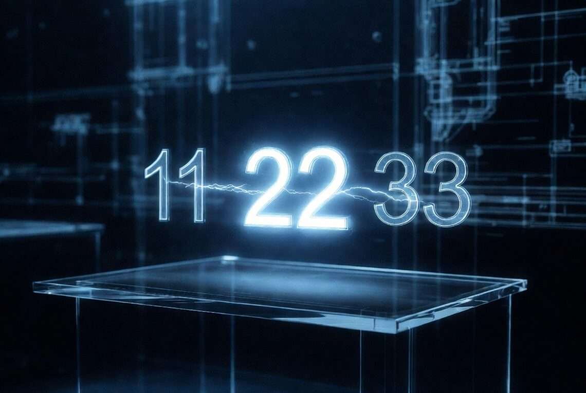 Holographic Master Numbers 11, 22, and 33 floating above a sleek diagnostic table, emitting high-voltage frequencies in a clinical blue laboratory setting