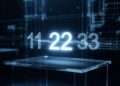 Holographic Master Numbers 11, 22, and 33 floating above a sleek diagnostic table, emitting high-voltage frequencies in a clinical blue laboratory setting