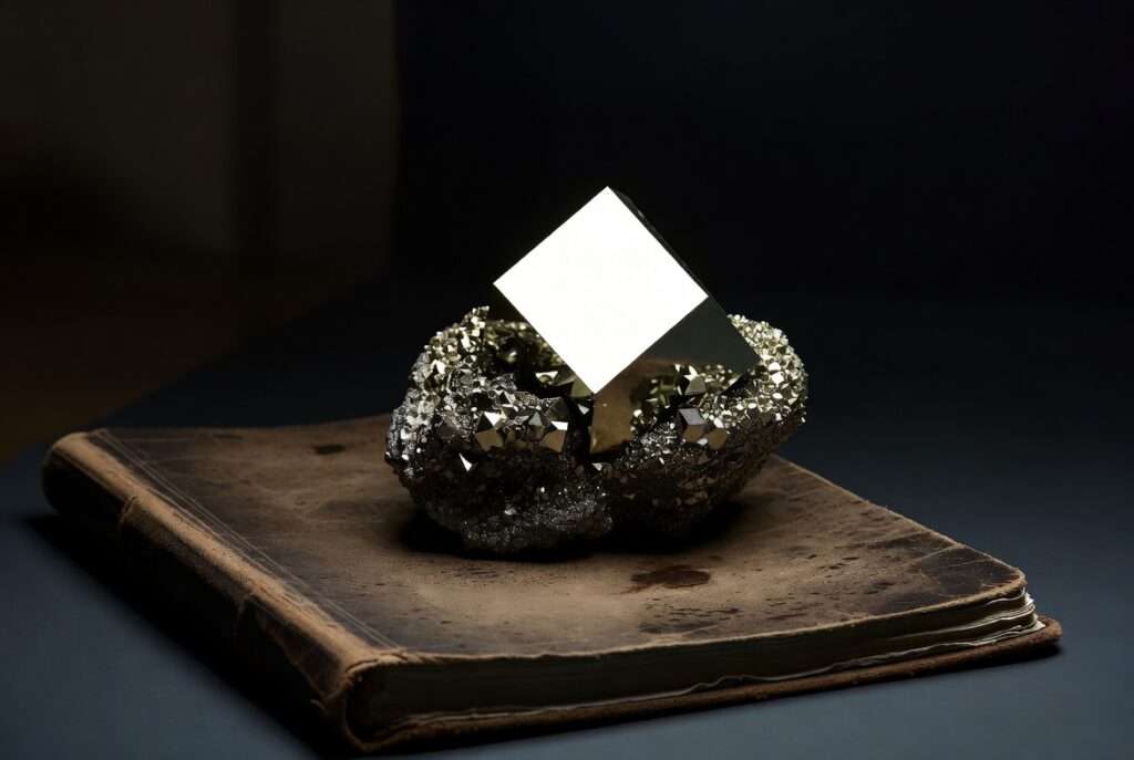 A clinical noir photograph of a geometric cubic pyrite crystal cluster on a weathered leather financial ledger under a focused spotlight, illustrating the high-velocity frequency of wealth accumulation. Repeating Angel Numbers