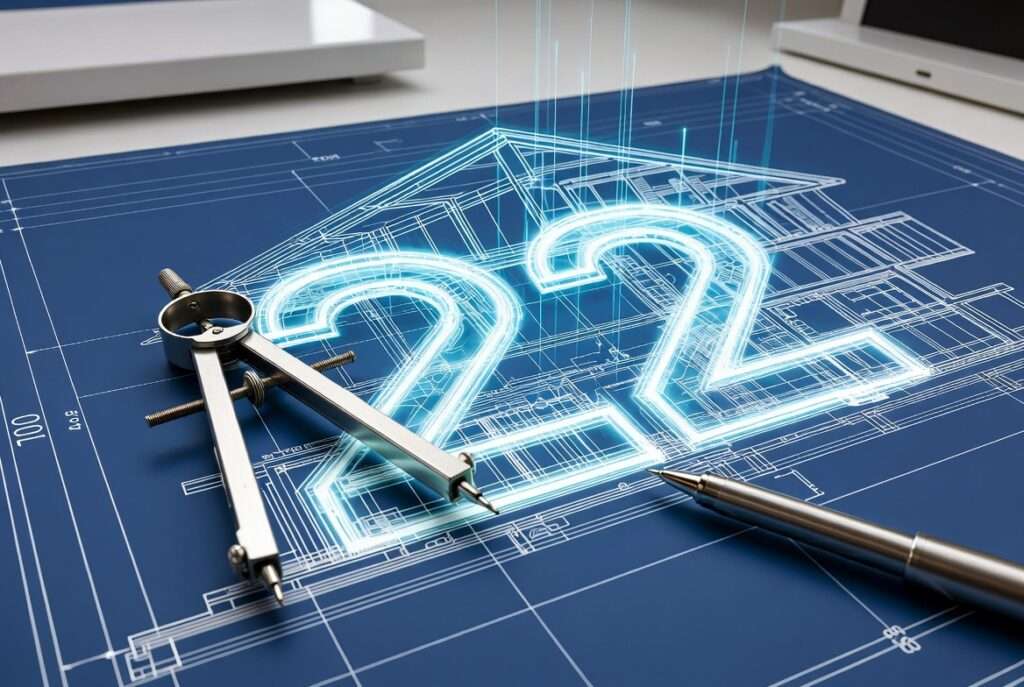 A complex, futuristic architectural blueprint glowing with intersecting lines, featuring a drafting compass and the Master Number 22 in a professional planning room