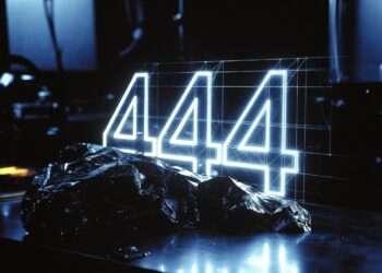 A clinical noir photograph of a glowing holographic projection of the digits '444' with geometric grid lines on a dark obsidian surface, representing the diagnostic analysis of repeating angel numbers.