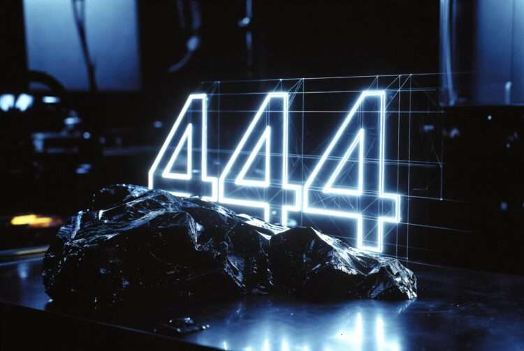 A clinical noir photograph of a glowing holographic projection of the digits '444' with geometric grid lines on a dark obsidian surface, representing the diagnostic analysis of repeating angel numbers.