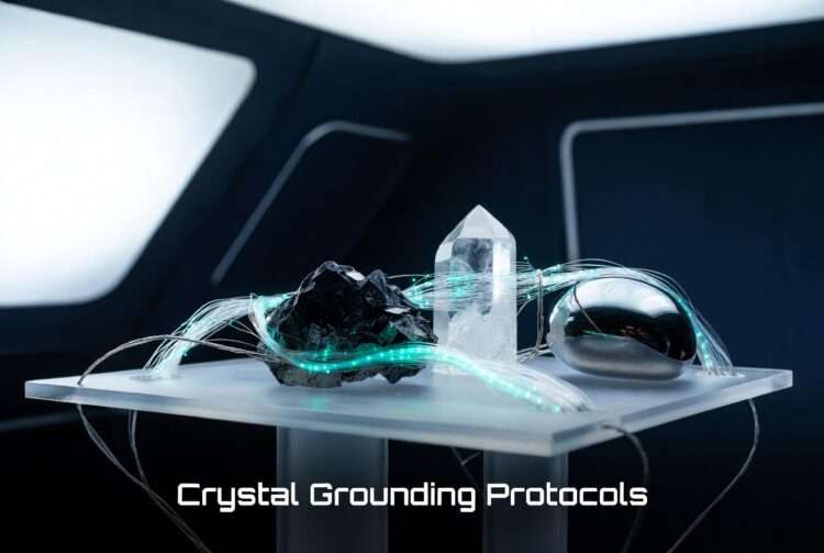 Raw geological stones connected to glowing fiber-optic sensors on a glass diagnostic table in a clinical laboratory setting