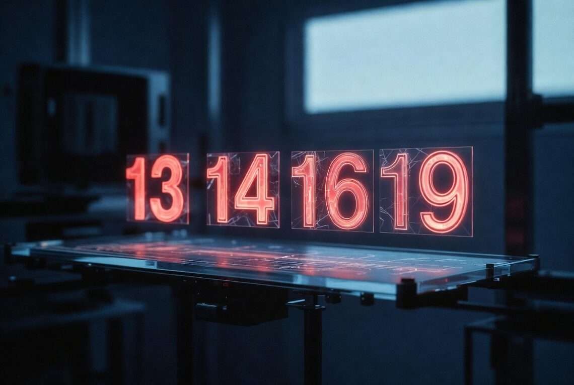 Holographic numbers 13, 14, 16, and 19 floating above a sleek diagnostic table, displaying structural micro-fractures in a clinical blue laboratory setting