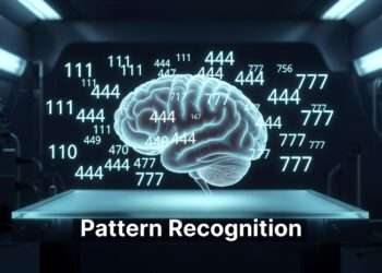 A holographic human brain processing illuminated numerical sequences on a glass diagnostic table in a clinical blue laboratory setting.