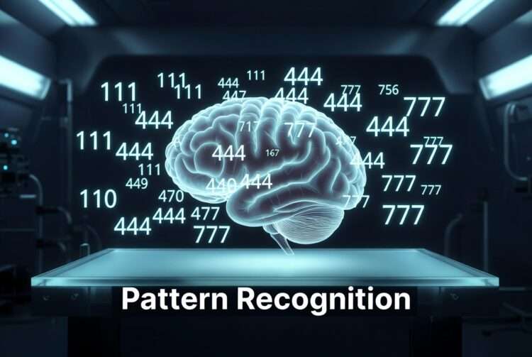 A holographic human brain processing illuminated numerical sequences on a glass diagnostic table in a clinical blue laboratory setting.