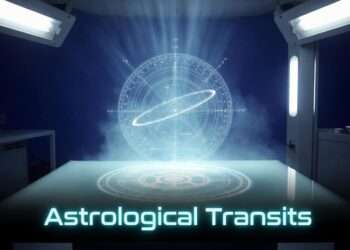 A holographic mechanical astrolabe projecting orbital mathematics on a glass diagnostic table in a clinical blue laboratory setting.