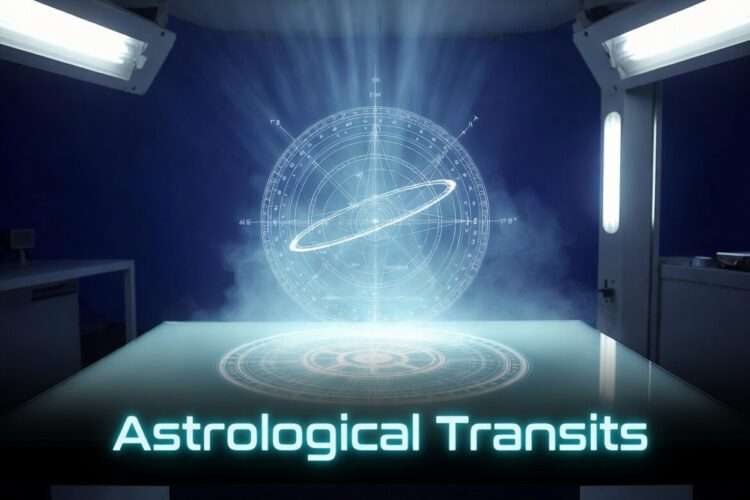 A holographic mechanical astrolabe projecting orbital mathematics on a glass diagnostic table in a clinical blue laboratory setting.