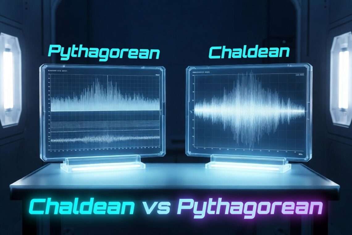 A holographic display comparing a flat Pythagorean linear grid against a complex Chaldean acoustic waveform in a clinical blue laboratory setting.