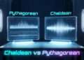 A holographic display comparing a flat Pythagorean linear grid against a complex Chaldean acoustic waveform in a clinical blue laboratory setting.