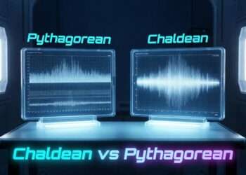 A holographic display comparing a flat Pythagorean linear grid against a complex Chaldean acoustic waveform in a clinical blue laboratory setting.