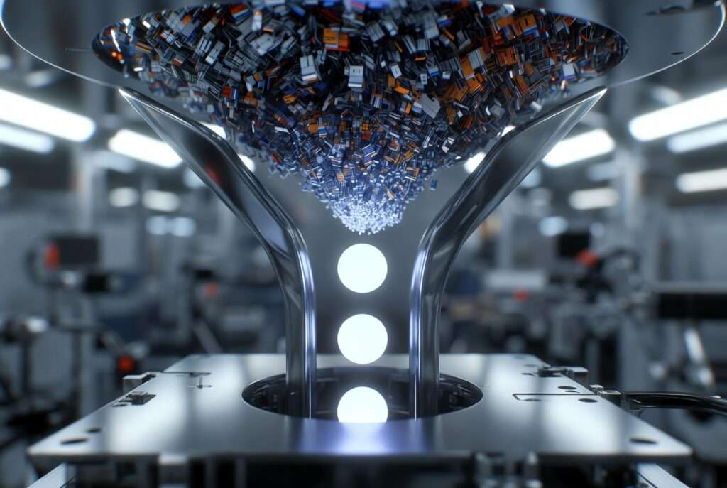 A futuristic fiber-optic funnel filtering chaotic data into perfectly aligned glowing spheres representing cognitive pattern recognition.