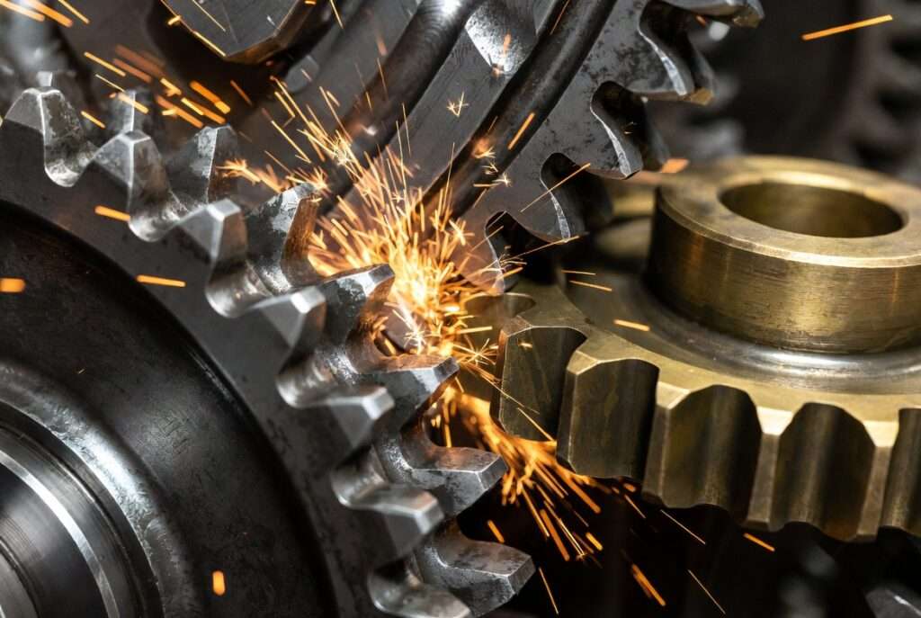 A heavy steel gear grinding against an incompatible brass gear creating sparks of kinetic friction.
