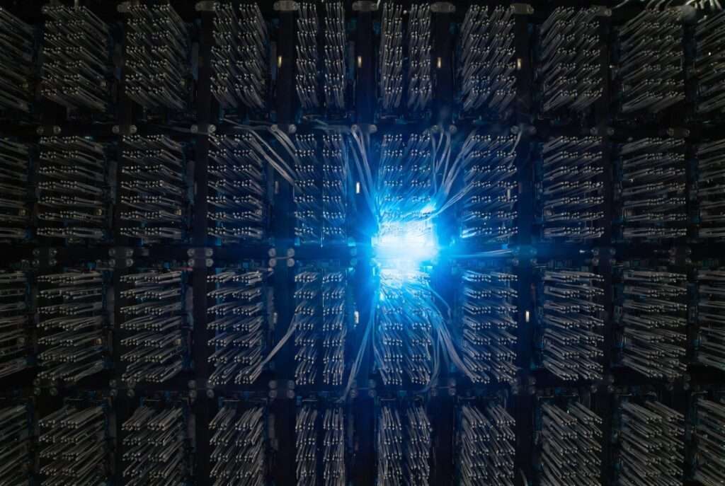 A fiber-optic server node with one sector glowing intensely to represent a high-density data cluster in an astrological house.