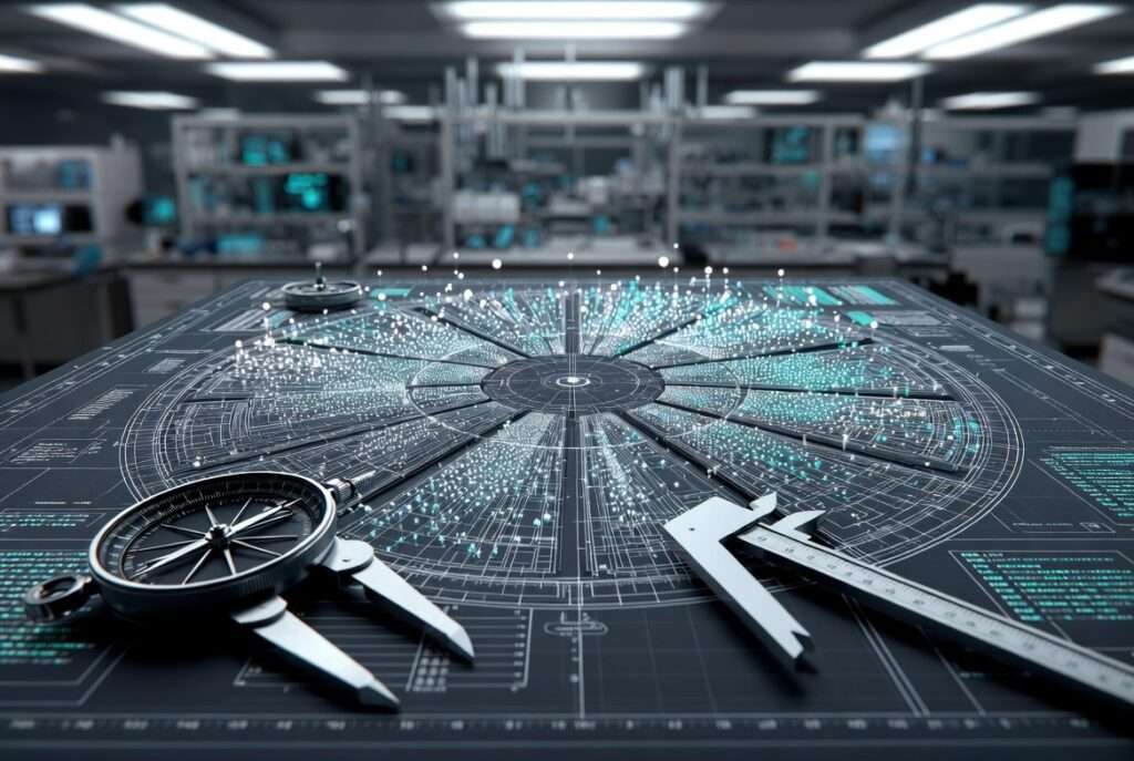 A futuristic circular architectural blueprint divided into 12 precise sectors with glowing data points.