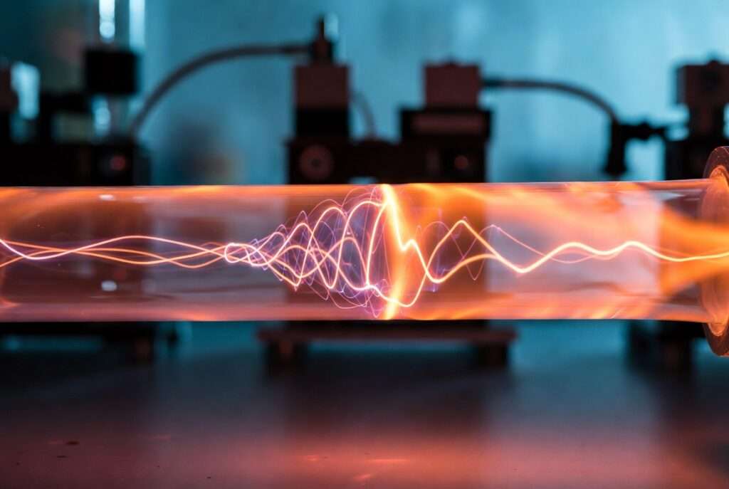 A chaotic electrical wave being safely contained within a rigid, straight glass conduit, symbolizing the need for structure over the volatile 14 frequency