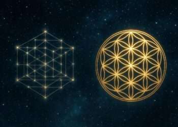 A dim, broken grid pattern beside a luminous golden sacred-geometry mandala, representing the contrast between the flawed Pythagorean system and the harmonious Chaldean system.