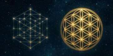 A dim, broken grid pattern beside a luminous golden sacred-geometry mandala, representing the contrast between the flawed Pythagorean system and the harmonious Chaldean system.