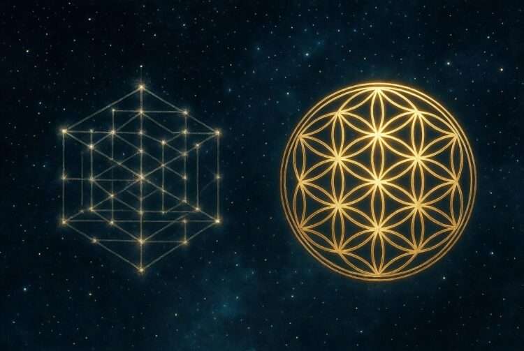 A dim, broken grid pattern beside a luminous golden sacred-geometry mandala, representing the contrast between the flawed Pythagorean system and the harmonious Chaldean system.