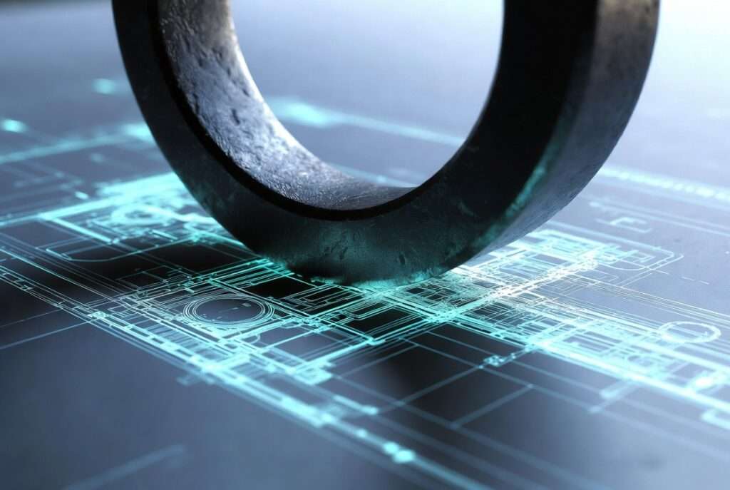 A heavy dark metallic ring pressing down on an architectural blueprint representing the structural pressure of a Saturn transit.