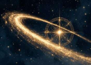 A golden ringed orbit trailing sparks of light across a mandala chart, representing the kinetic friction of astrological transits.