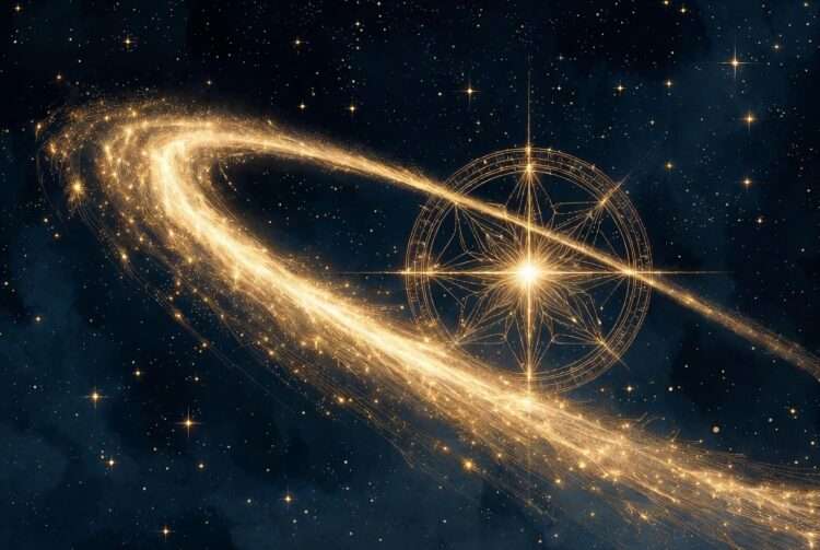 A golden ringed orbit trailing sparks of light across a mandala chart, representing the kinetic friction of astrological transits.
