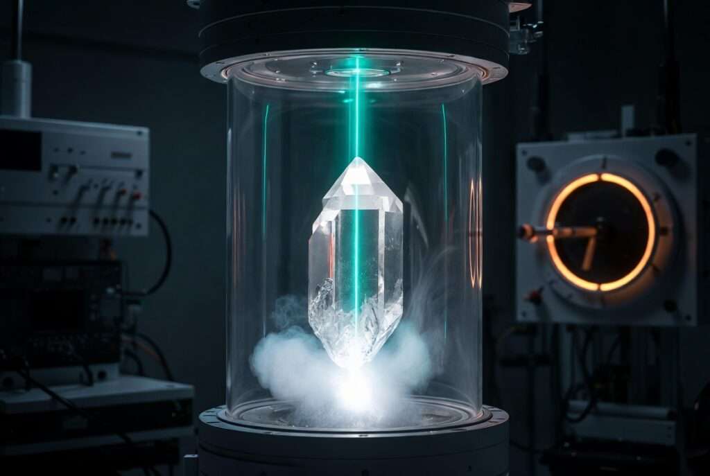 A Clear Quartz crystal in a glass unit restructuring chaotic white light into a single organized laser beam.