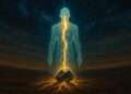 A golden bolt of energy flowing from a glowing silhouette into a dark stone rooted in the earth, representing crystal grounding protocols insulating a high-voltage numerological system.