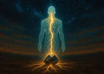 A golden bolt of energy flowing from a glowing silhouette into a dark stone rooted in the earth, representing crystal grounding protocols insulating a high-voltage numerological system.