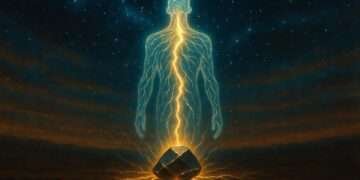 A golden bolt of energy flowing from a glowing silhouette into a dark stone rooted in the earth, representing crystal grounding protocols insulating a high-voltage numerological system.