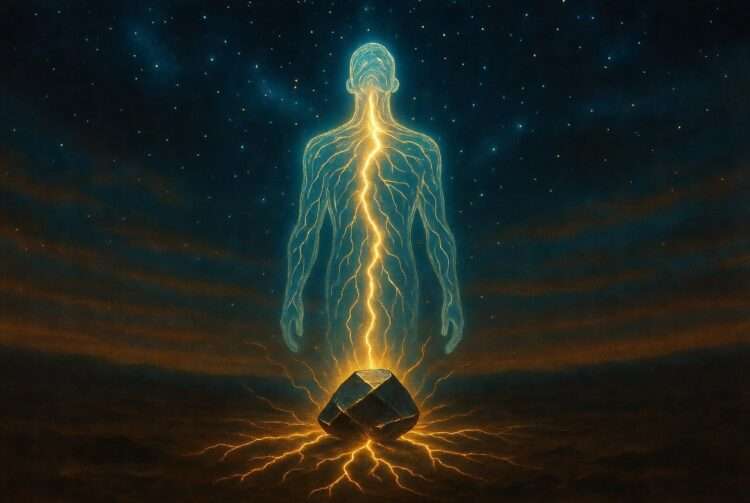 A golden bolt of energy flowing from a glowing silhouette into a dark stone rooted in the earth, representing crystal grounding protocols insulating a high-voltage numerological system.