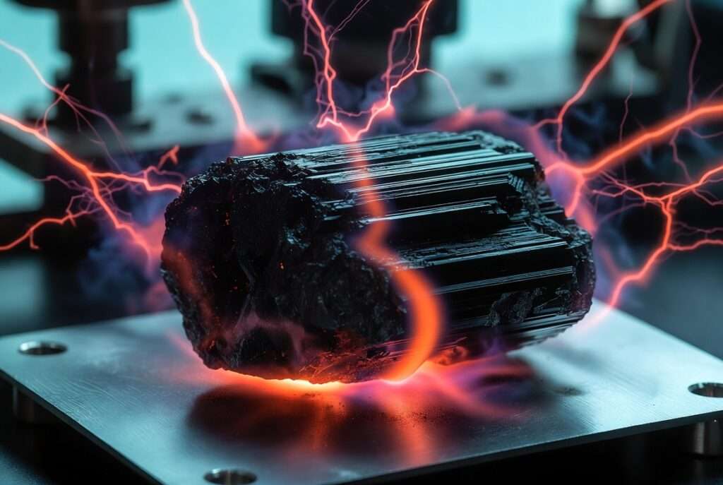A piece of dark Black Tourmaline resting on a metallic plate absorbing and neutralizing erratic red electrical arcs