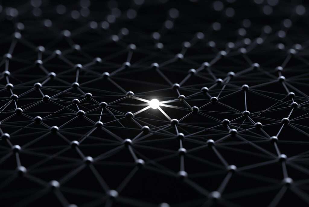 A single, brightly glowing fiber-optic node disconnected from a larger dark network grid, representing the operational isolation of the 19 frequency