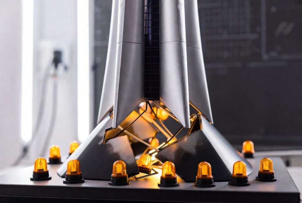 A futuristic architectural model of a tower fracturing at its base with amber warning lights, illustrating the systemic collapse associated with the 16 frequency.