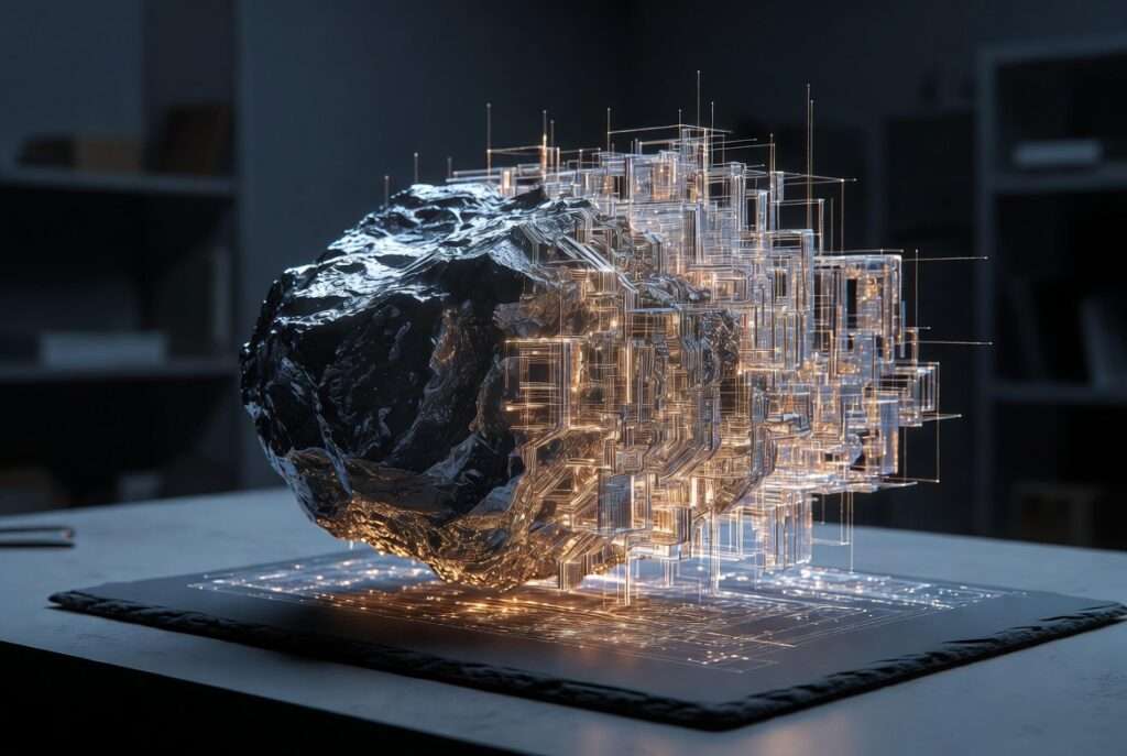 A heavy metallic Hematite stone anchoring a glowing architectural blueprint to a dark slate table