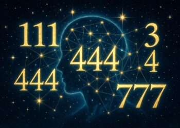 A silhouette surrounded by golden angel numbers arranged like a constellation, representing environmental pattern recognition in numerology.
