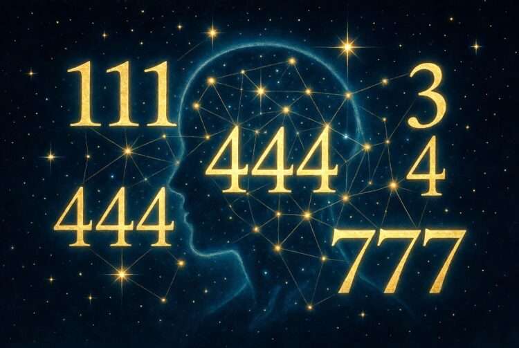 A silhouette surrounded by golden angel numbers arranged like a constellation, representing environmental pattern recognition in numerology.