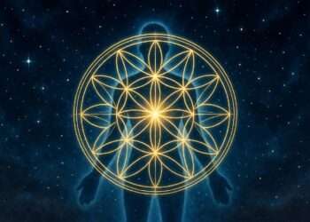 A golden 12-spoked mandala wheel overlaid on a glowing silhouette, representing the astrological houses as a personal operational grid.